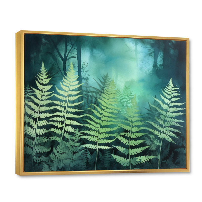 «Green Teal Fern Flowers», impression sur toile, H 24 po x l 32 po x P 1,5 po, Cadre flottant doré