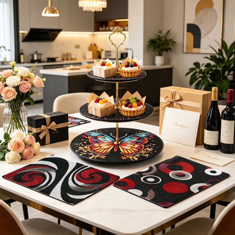 Ensemble d'accessoires de table bohémien à motif floral coloré, comprenant un ensemble de napperons 4 pièces et un plateau de service à 3 niveaux
