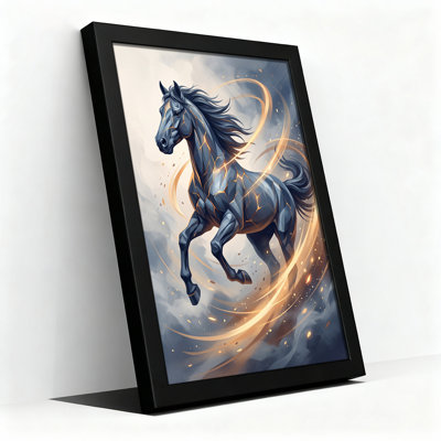 Art sur toile cheval foncé bleu avec fissures dorées et tourbillons