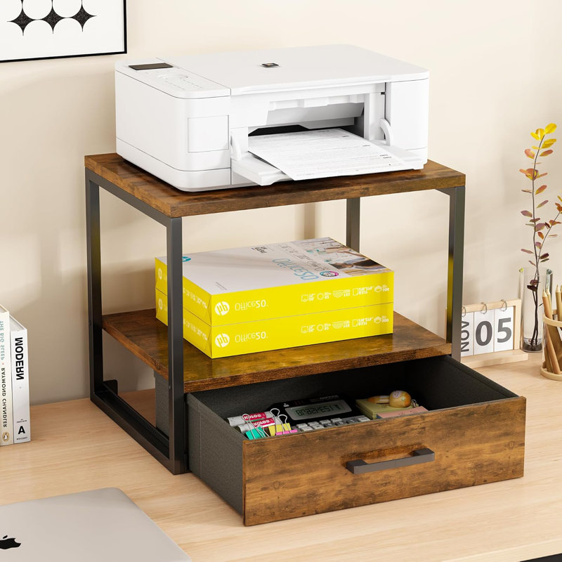 Printer Stand For Desk, 2 Tier Printer Stand With Storage,Printer Stand With Drawer,Multi-Purpose Desktop Printer Stand,Heavy Duty Desk Shelf/Desk Organizer For Home Office