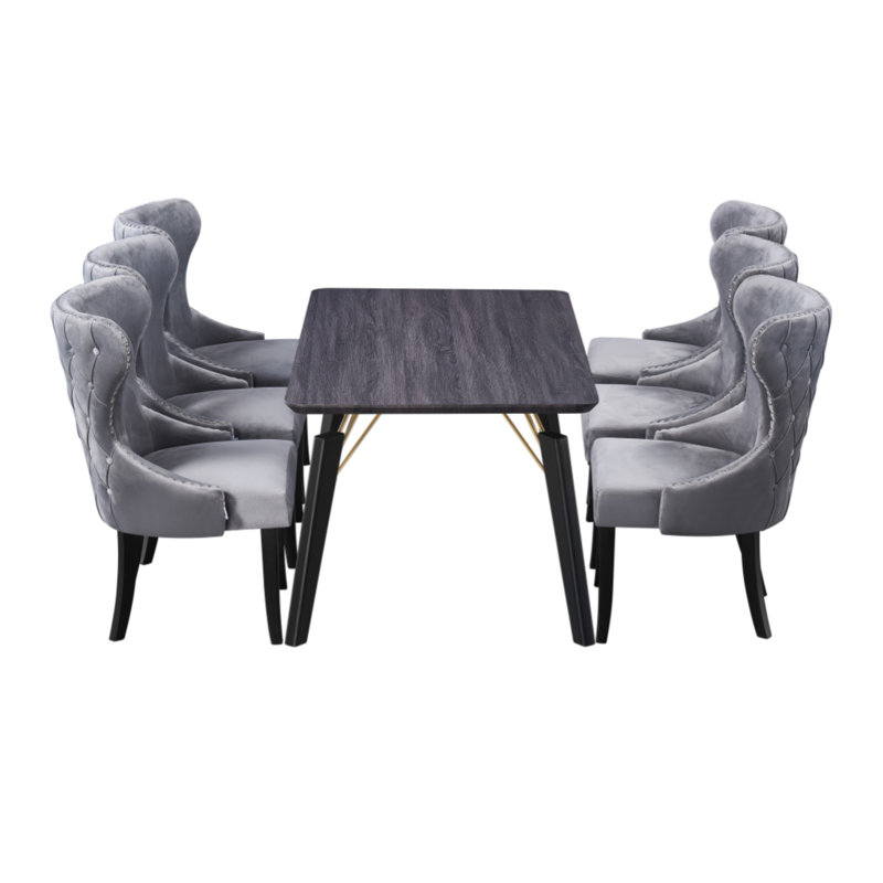 Bootle 6 Person Dining set - a Rectangular Wooden Dining Table with Metal Legs and a Set of 6 Quilted Velvet Dining Chairs for Dining Room - Modern Dining Table Set