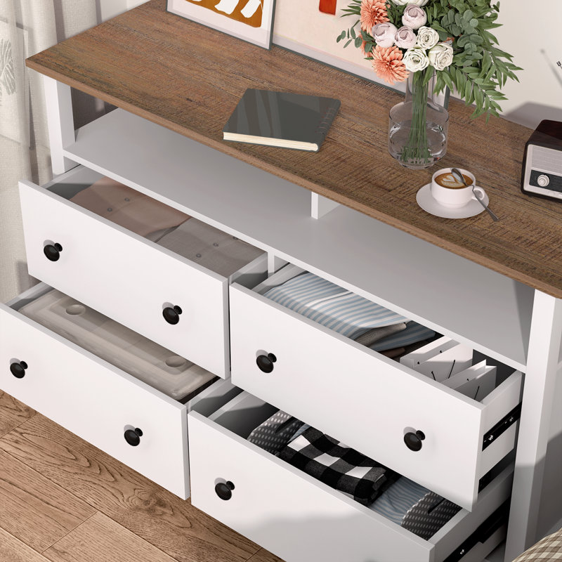 Commode double 4 tiroirs l 47,24 po, Blanc délavé