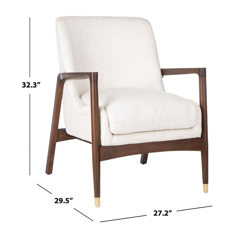 Scandinavian Cream Linen & Wood Transitional Accent Chair with Brass Tips