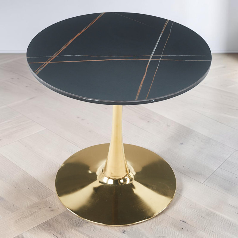 Table de salle à manger ronde 31,53 ", plateau en céramique, base piédestal, salle à manger contemporaine, Black Marble/Gold