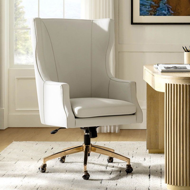 Heeg 47''H Transitional Genuine Leather Swivel Adjustable Height Tilting Executive Chair with High Backrest, Beige