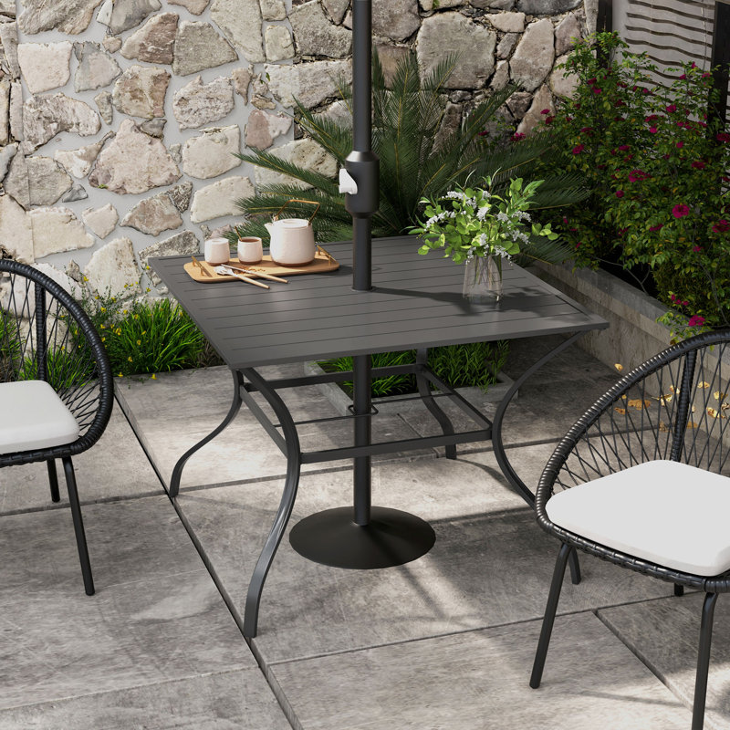Grantsburg Garden Table with Parasol Hole for Four, Slatted Metal Plate Top, Dark Grey