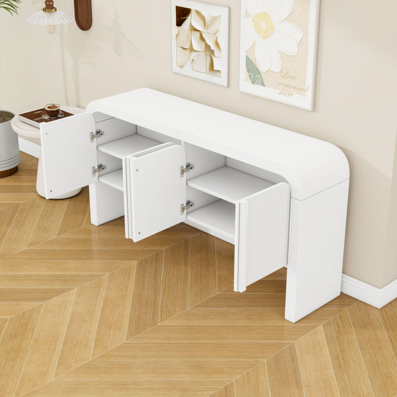 Console moderne à bord arrondi avec portes ondulées et tablettes réglables pour le hall d'entrée, Blanc