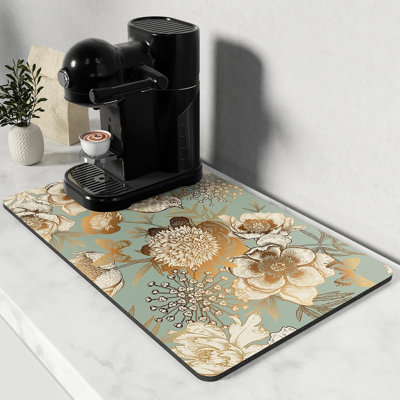 Tapis de bar à café, 49,5 x 80 cm. Beau tapis de bar à café pour machine à espresso, accessoires et organisateur. Tapis absorbant antitaches avec dos en caoutchouc pour essuyer la vaisselle sur le plan de travail. Motif floral rétro.