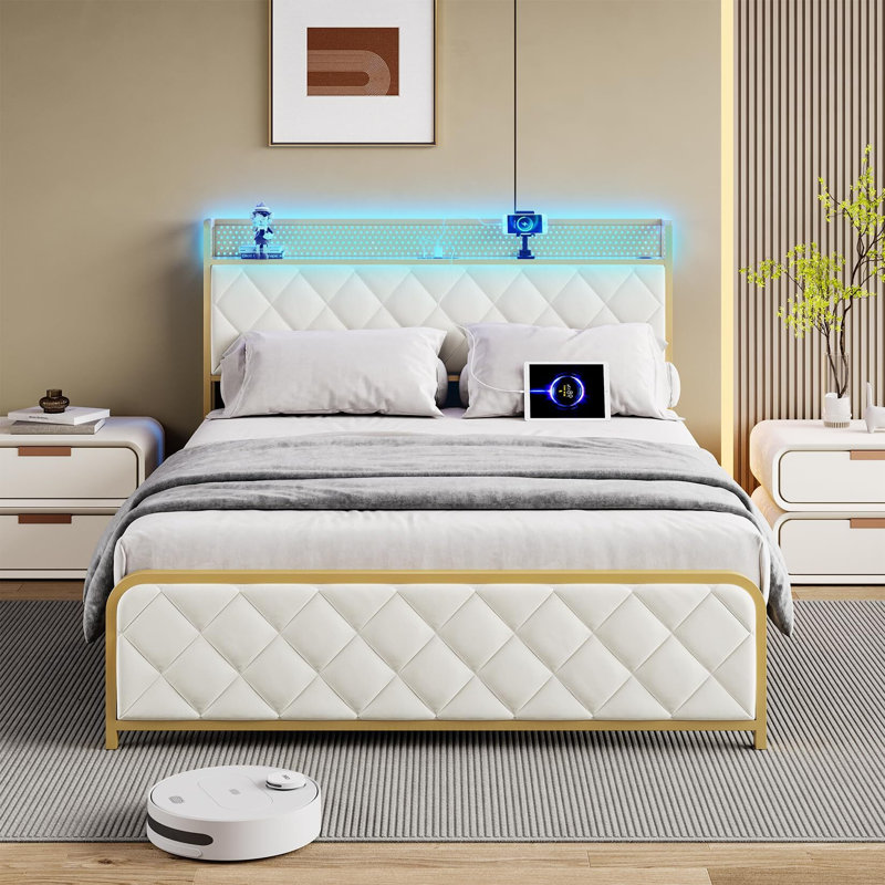 Bed Frame With Velvet Storage Headboard , Platform Bed Frame With Storage Charging Station LED Light Bed Frame, White, King