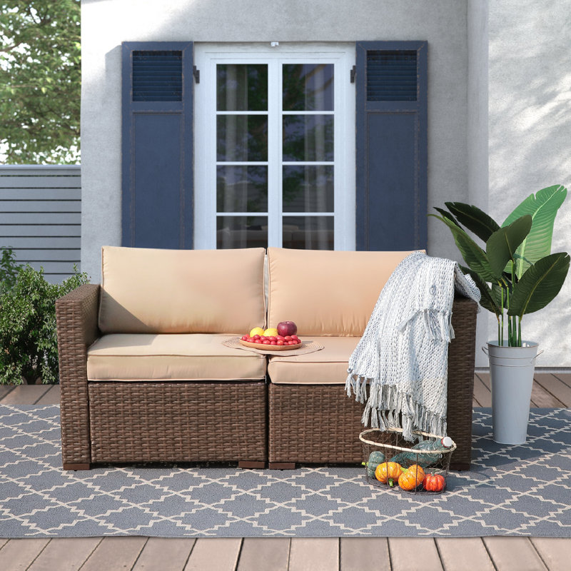 Gerdt 59.2'' Wide Wicker Loveseat with Cushions, Beige Cushion/Brown Frame