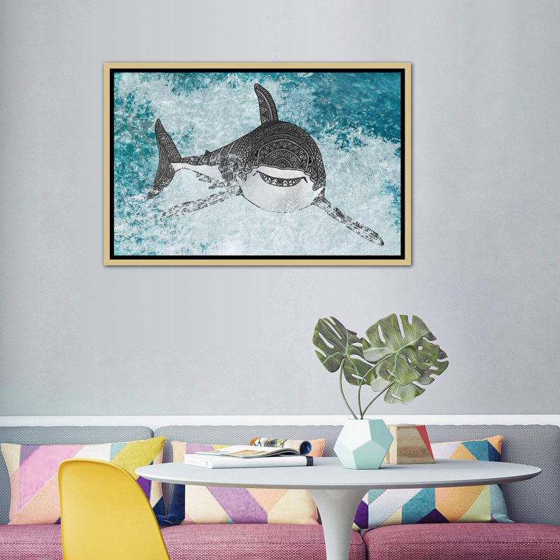 Shark par Angelika Parker - impression d'art graphique, H 40 po x l 60 po x 1,5 po, Toile encadrée d'or, Pas de tapis