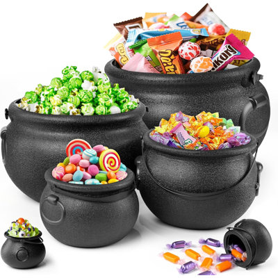 Décorations d'Halloween - Grand paquet de 6 en 1 - Chaudron de sorcières en plastique noir - Bol à bonbons chaudron - Trick or friandise - Pot à chaudron pour décoration de table de fête intérieure / extérieure