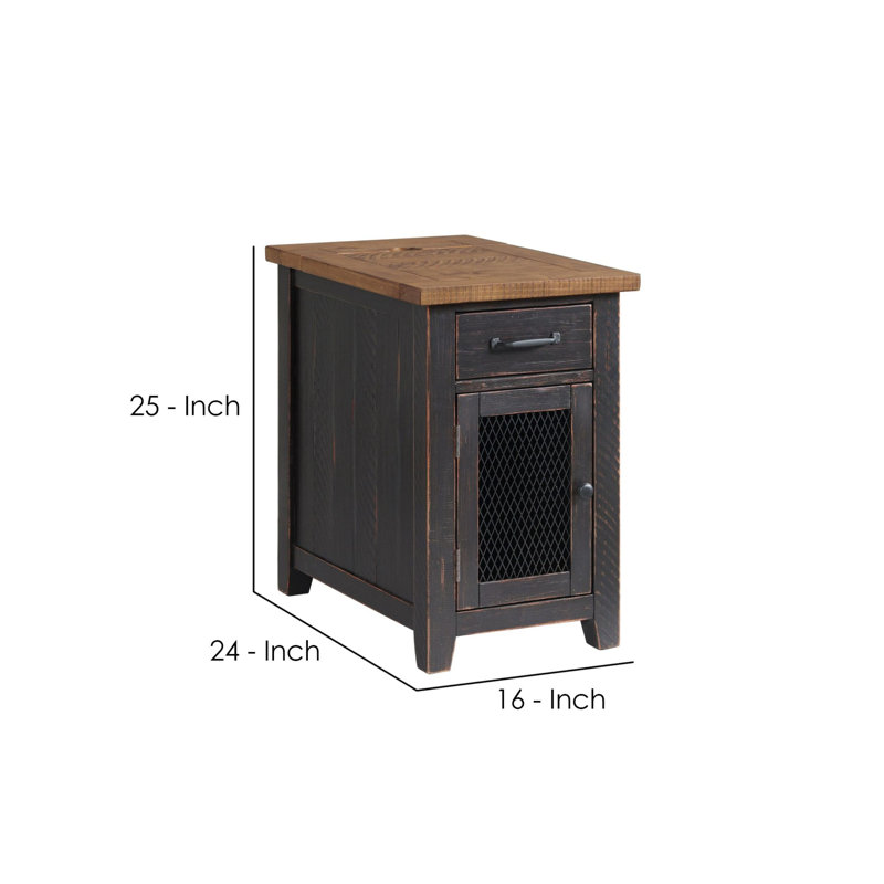 Jakendra Solid Wood End Table with Storage and Built-In Outlets, Honey Top/Antique Black Base