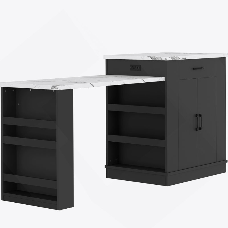 Armoire décorative, console d'îlot extensible avec tiroirs, armoire à deux portes et tablettes ouvertes, Noir