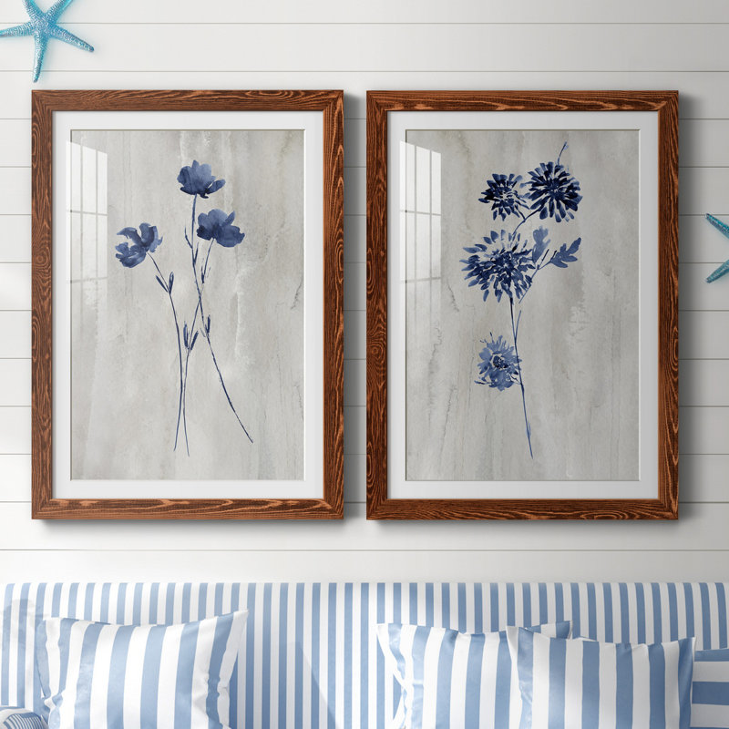 Indigo Botanical III - ensemble de 2 reproductions d'impressions, H 37,5 po x l 55 po x P 1,5 po, Papier avec cadre érable