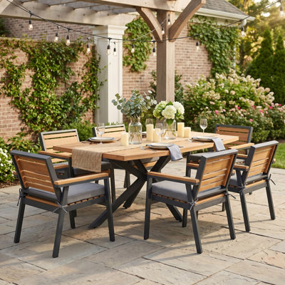Ensemble de salle à manger de patio en bois d'acacia 7 pièces, ensemble de table de salle à manger d'extérieur avec fer à double couche, ensemble de mobilier de patio pour la cour, la terrasse, le bord de la piscine