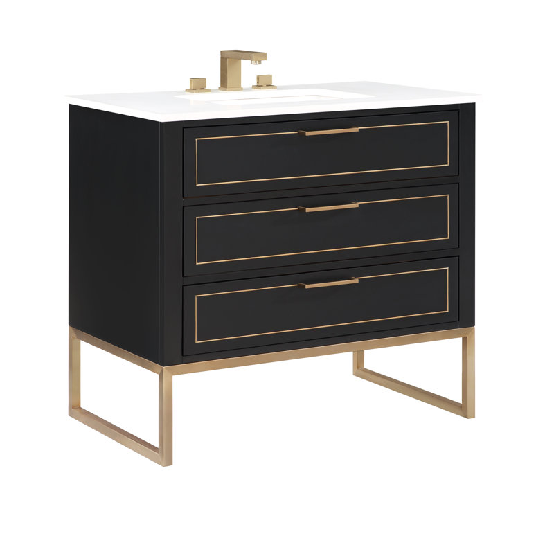 Ensemble de meuble-lavabo simple 36 po Markham, Nuit noire, Quartz blanc, Laiton satiné