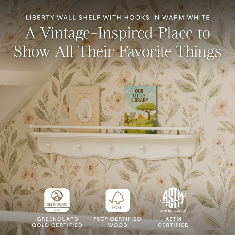Liberty 31" Wall Shelf with Hooks, Warm White