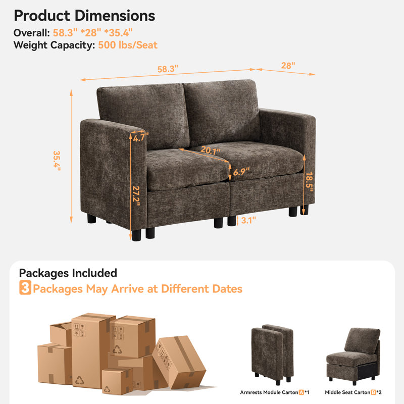 Canapé modulaire avec causeuse 58,3 po avec rangement sous le siège, chenille, Chenille brun