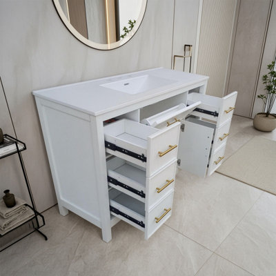Meuble-lavabo en bois avec lavabo, portes à fermeture douce et tiroirs