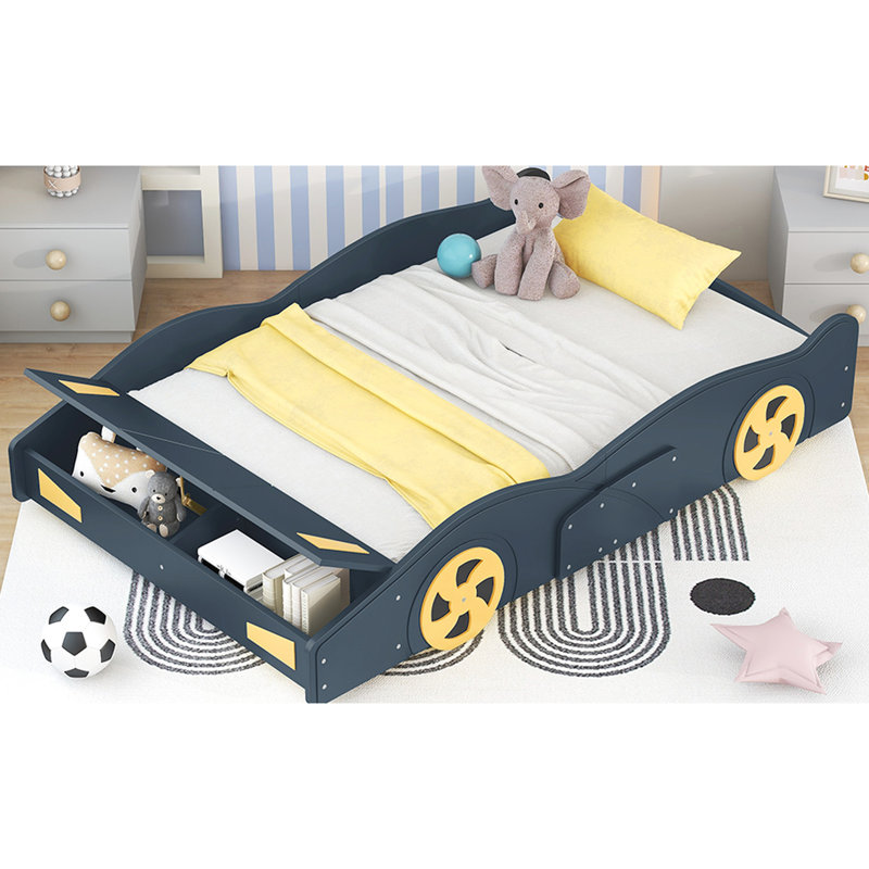 Lit de voiture de course double bleu foncé et jaune avec rangement - Construction pour le confort de la chambre à coucher