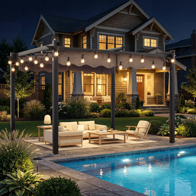 Pergola d'extérieur en aluminium avec auvent rétractable et base d'ancrage l 12 pi x P 10 pi