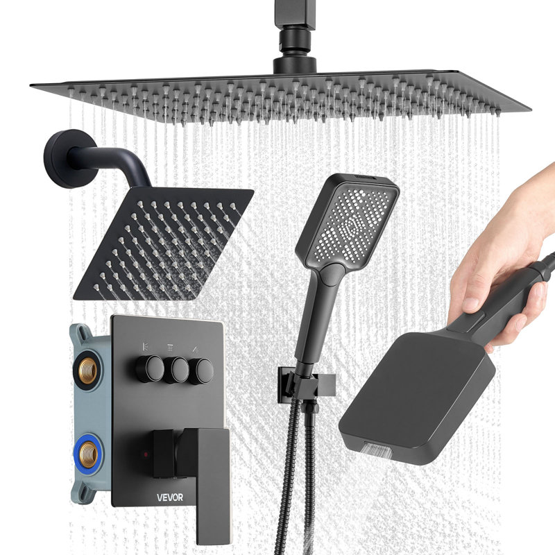 Ensemble de robinet de douche, système de douche de pluie au plafond de 12 pouces avec tête de fixation murale de 6 pouces et douchette à main 4 en 1, valve rotative à double fonction en laiton à 3 fonctions et ensemble de garniture, noir mat