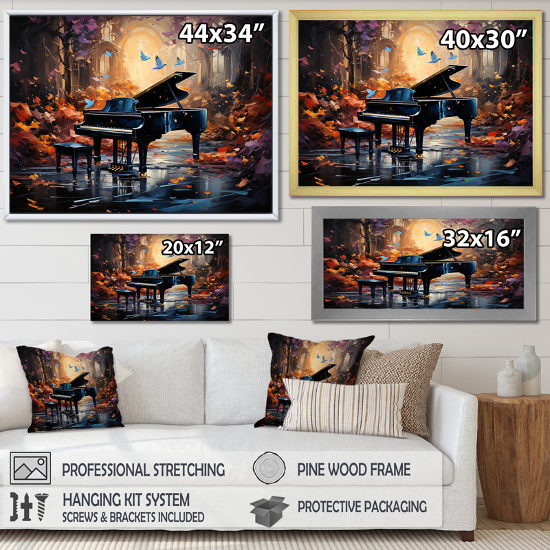 Grand pian en concert dans la forêt sur toile, H 34 po x l 44 po x P 1,5 po, Cadre flottant doré