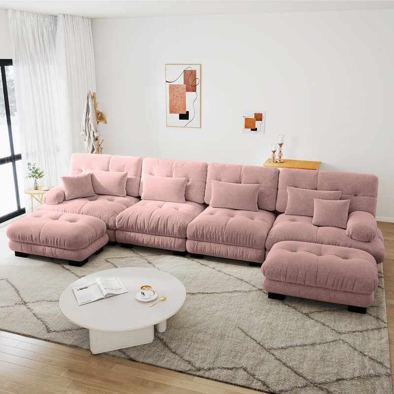 Canapé modulaire modulaire Cloud, 4 places avec 2 sièges Ottomam Chenille, siège profond et coussin pour le salon, Rose