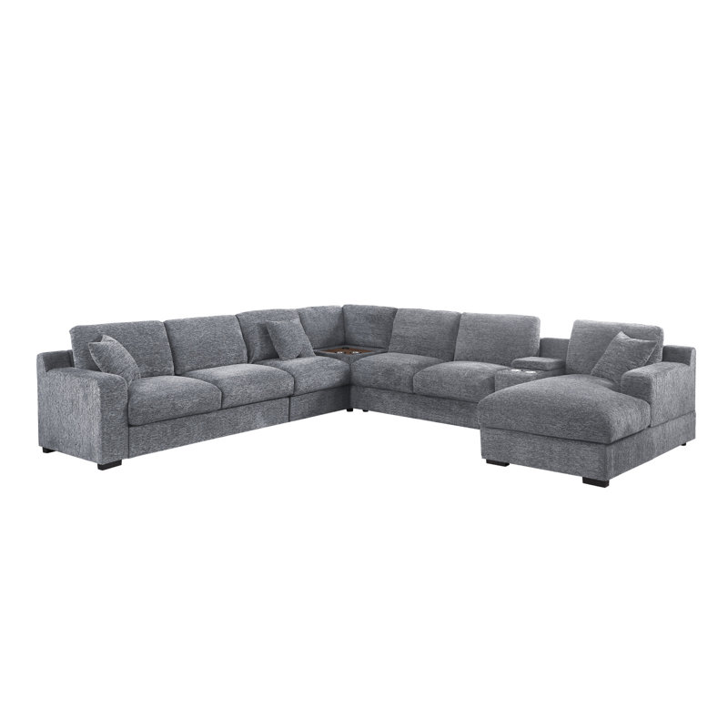 Canapé modulaire moderne en chenille de 141,5 po Celine, Gris clair