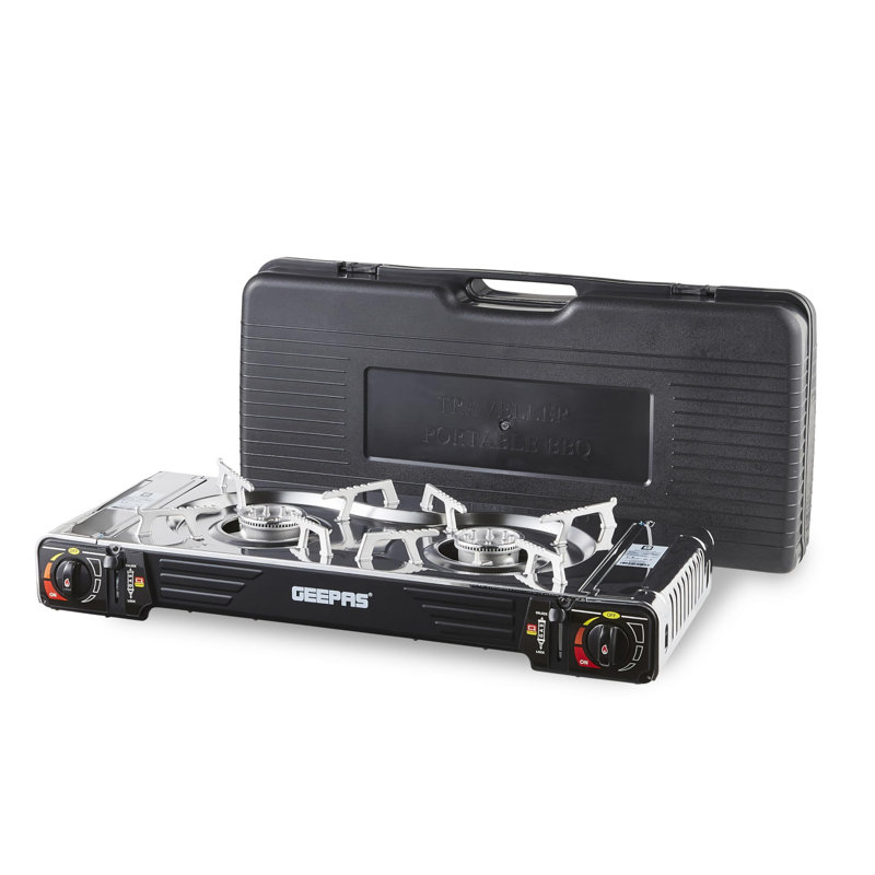 GEEPAS Portable Camping Gas Stove, Double Burner – BBQ Cooker, Outdoor Grill Plate – Automatic Ignition System, Butane Can - BBQ Caravan Outdoor