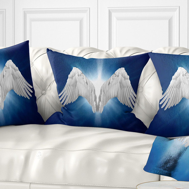 Ailes d'ange sur fond bleu - coussin imprimé abstrait, 18 po x 18 po, Coussin décoratif