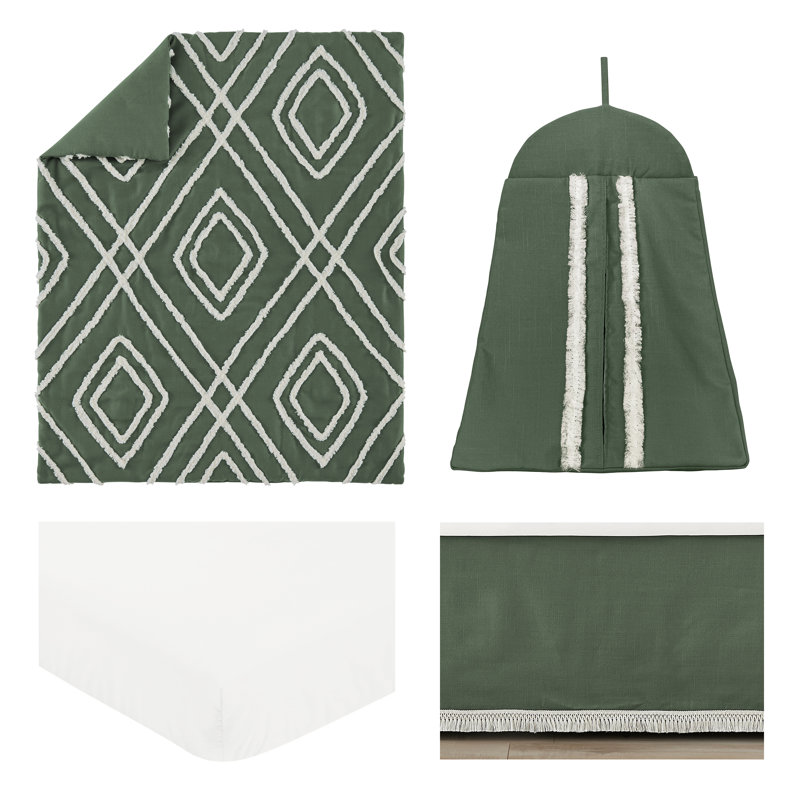 Dark Sage Green and Ivory Microfiber Baby Crib Bedding Set