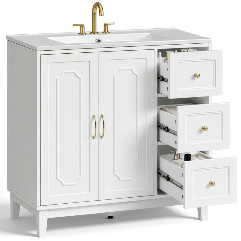 Meuble-lavabo blanc de 91 cm (36 po) avec 3 tiroirs et 2 portes et lavabo en céramique