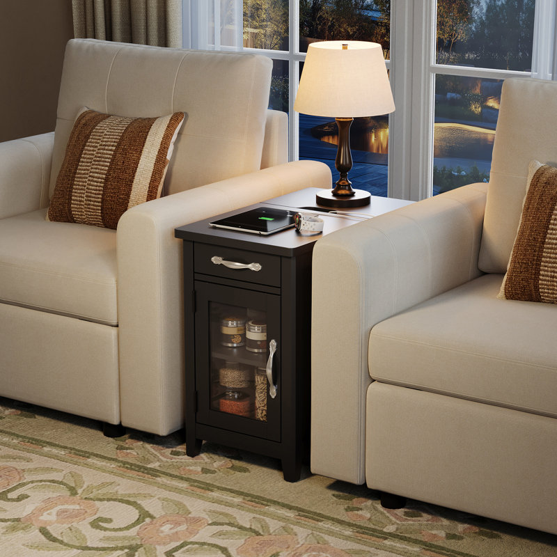 Aneshia End Table with Storage and Charging Station, Black Top/Black Base