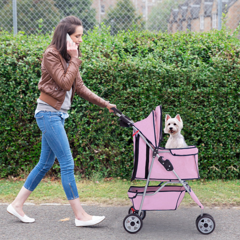 Pink 3-Wheel Folding Pet Stroller for Dogs and Cats