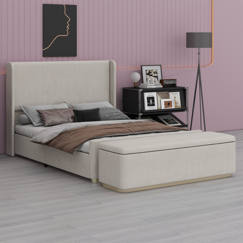 Upholstered Bed Frame With Storage Ottoman, And Vertical Stripe Wingback Headboard And Footboard, Queen, Light Grey