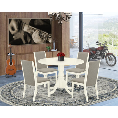 L'ensemble de table de salle à manger 5 pièces comprend une table de cuisine ronde avec Dropleaf et 4 chaises de salle à manger Parson en lin Shitake, blanc lin
