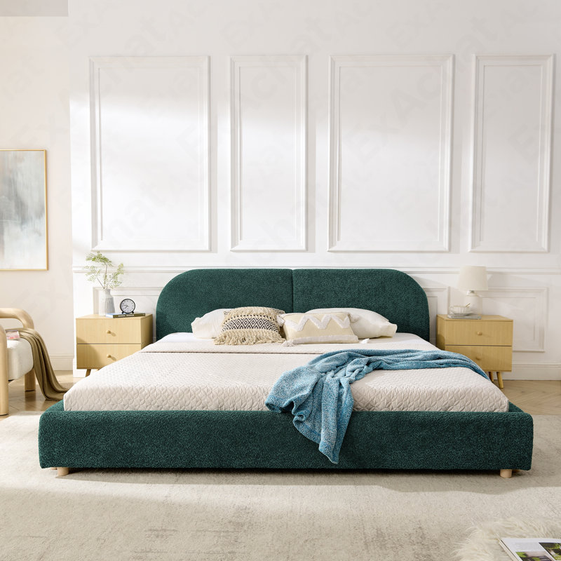 Très grande base de lit tapissier de style très minimaliste avec tête de lit incurvée de grande taille, tissu en fil de cercle de qualité supérieure et support de pieds robuste, matelas non inclus - vert