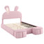 Full Size Pink Upholstered Platform Bed with Cartoon Ears Headboard, LED Light, Storage Stools, No Box Spring Needed