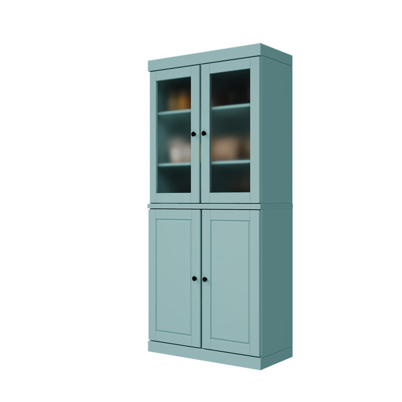 Garde-manger 100% bois massif 32 po avec verre givré, portes solides, 2 tiroirs et tablettes réglables, Turquoise