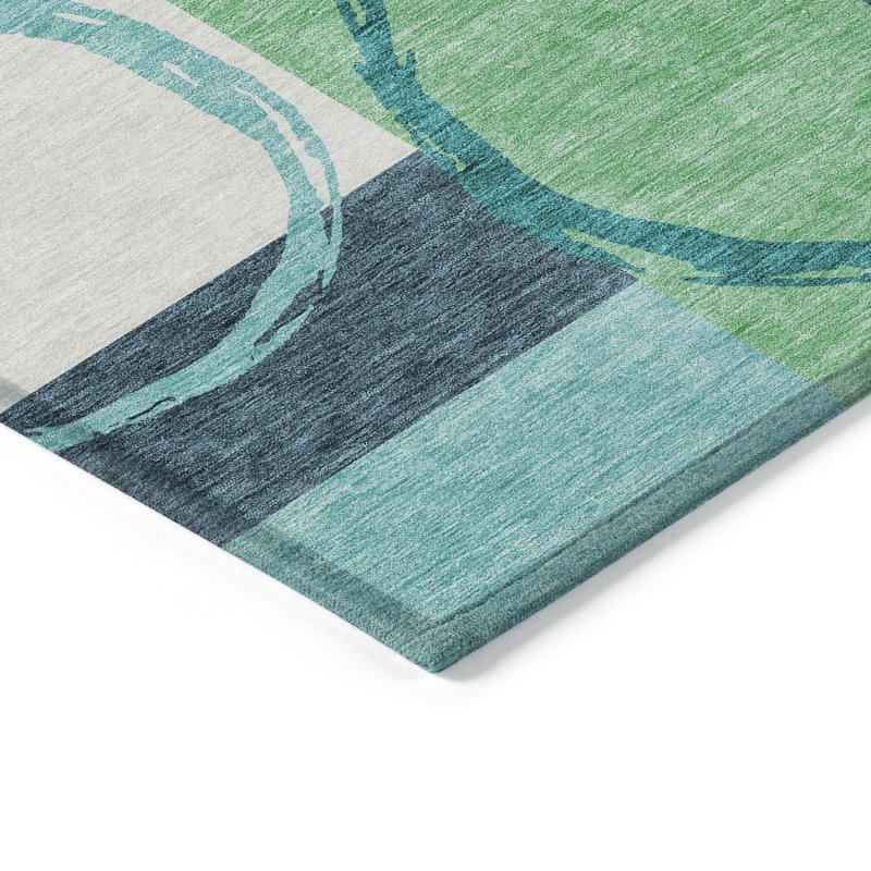 Tapis intérieur / extérieur 8 pi x 10 pi bleu et vert lavable à motif géométrique bleu sarcelle
