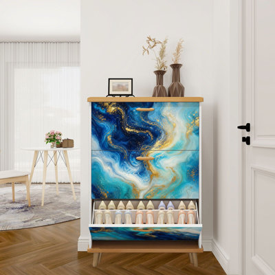 Shoe Storage Cabinet with 3 Flip Drawers for Abstract Blue Gold Marble Fluid Art Swirling Ocean Metallic Accents Shoe Rack Storage Organizer