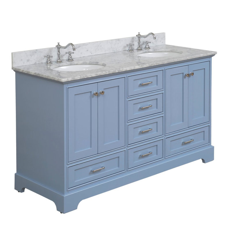 Ensemble de meuble-lavabo double 60 po Larosa, Marbre de Carrare, Bleu poudre