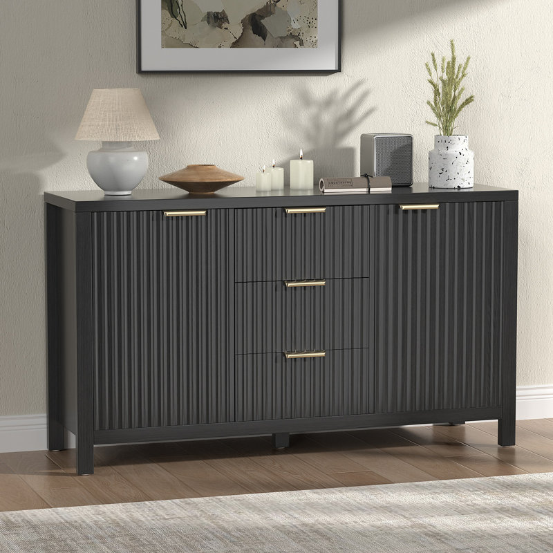 Armoire de rangement à buffet, crédence cannelée avec deux portes et trois tiroirs pour la cuisine et le salon