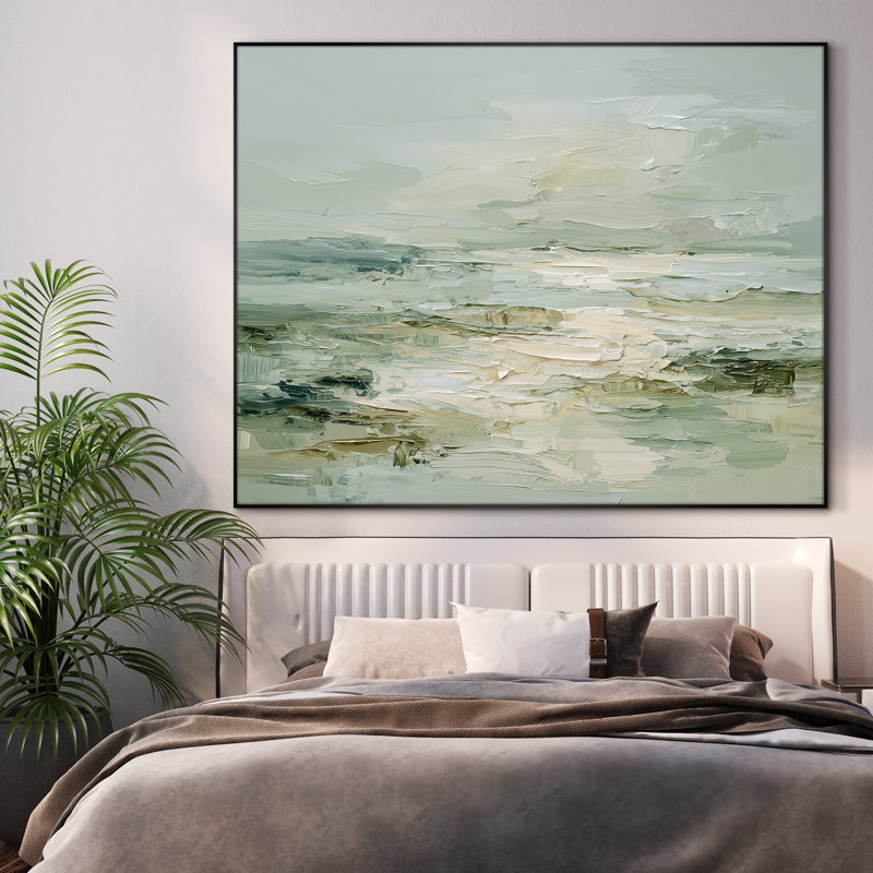 Extra Large Wall Art Fabric Print - Soft Green Coastal Horizon with Layered Brush Blends Artwork Decor for Living Room or Bedroom - "Frame Assembly Required (Unfinished Frame)"
