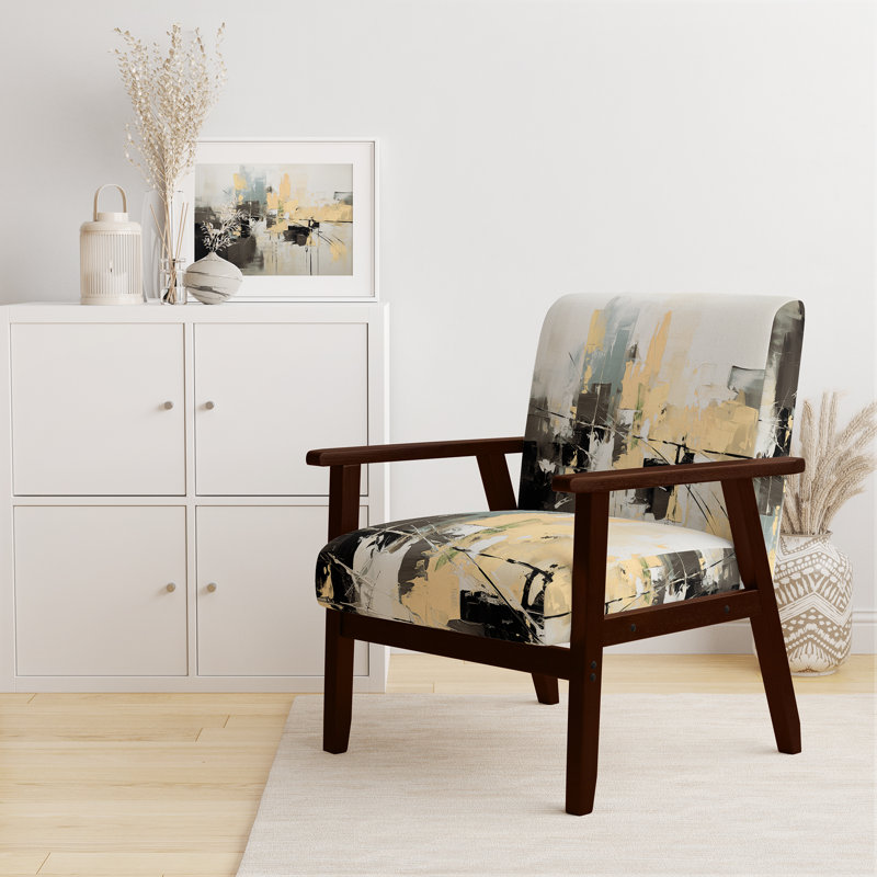 Paper Euphoria I - Upholstered Midcentury Modern Arm Chair, Brown, Ivory