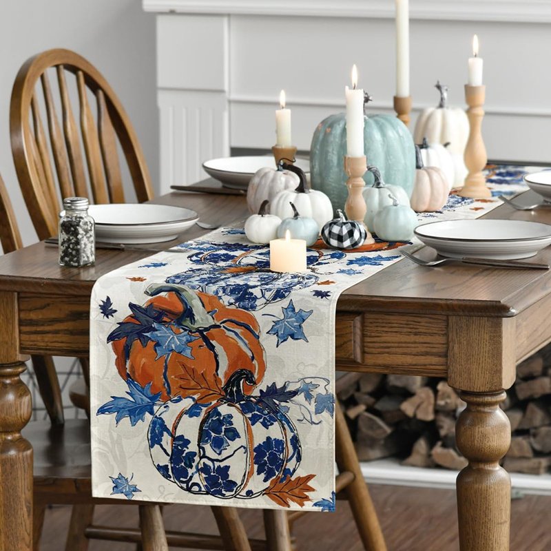 Chemin de table citrouille en porcelaine bleue et blanche à feuilles d'érable 210 g / m², décoration de table de salle à manger de cuisine pour la fête