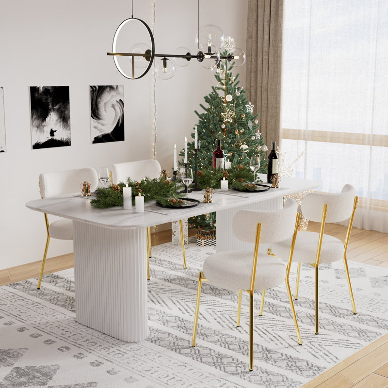 Ensemble de salle à manger rectangulaire à double piédestal avec table de salle à manger de style crème, Blanc, 5