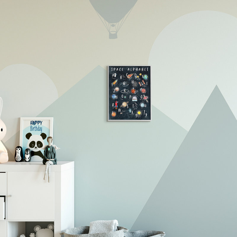 «Space Alphabet Playful Big Dipper Earth Galaxy Gray Farmhouse», estampe numérique encadrée, art texturé par Rachel Nieman
